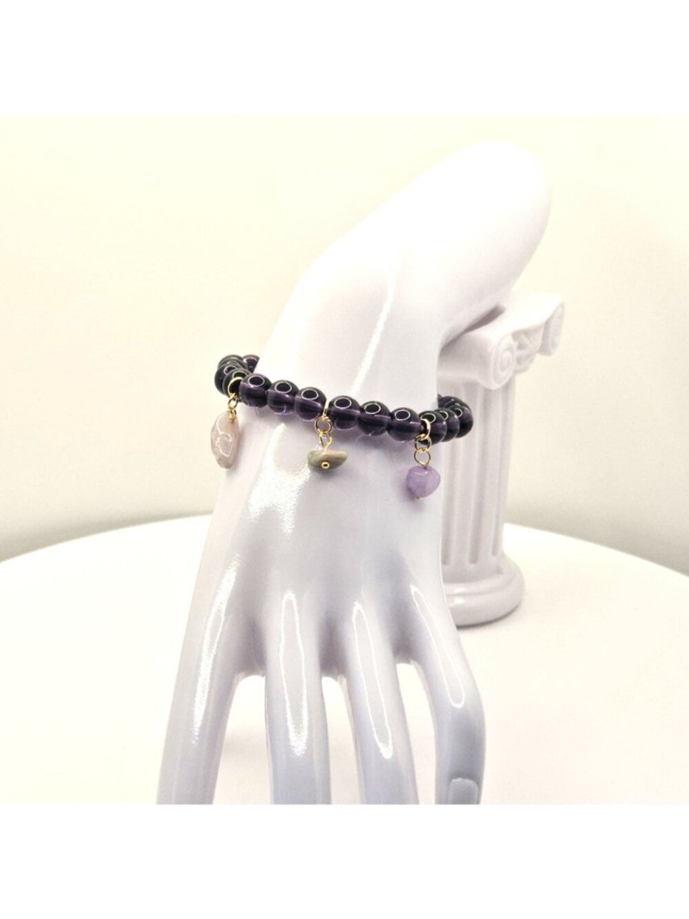 Purple Beaded Charm Bracelet, Stretch Bracelet with Charms, Lavender Bead
